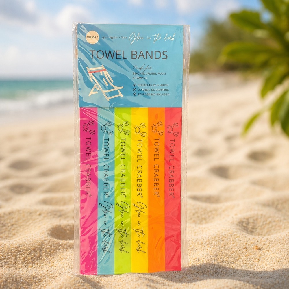 Towel Bands SET of 6 *Extra Durable* for Beach-Pool-Cruise Chairs 3 GLOW in Dark